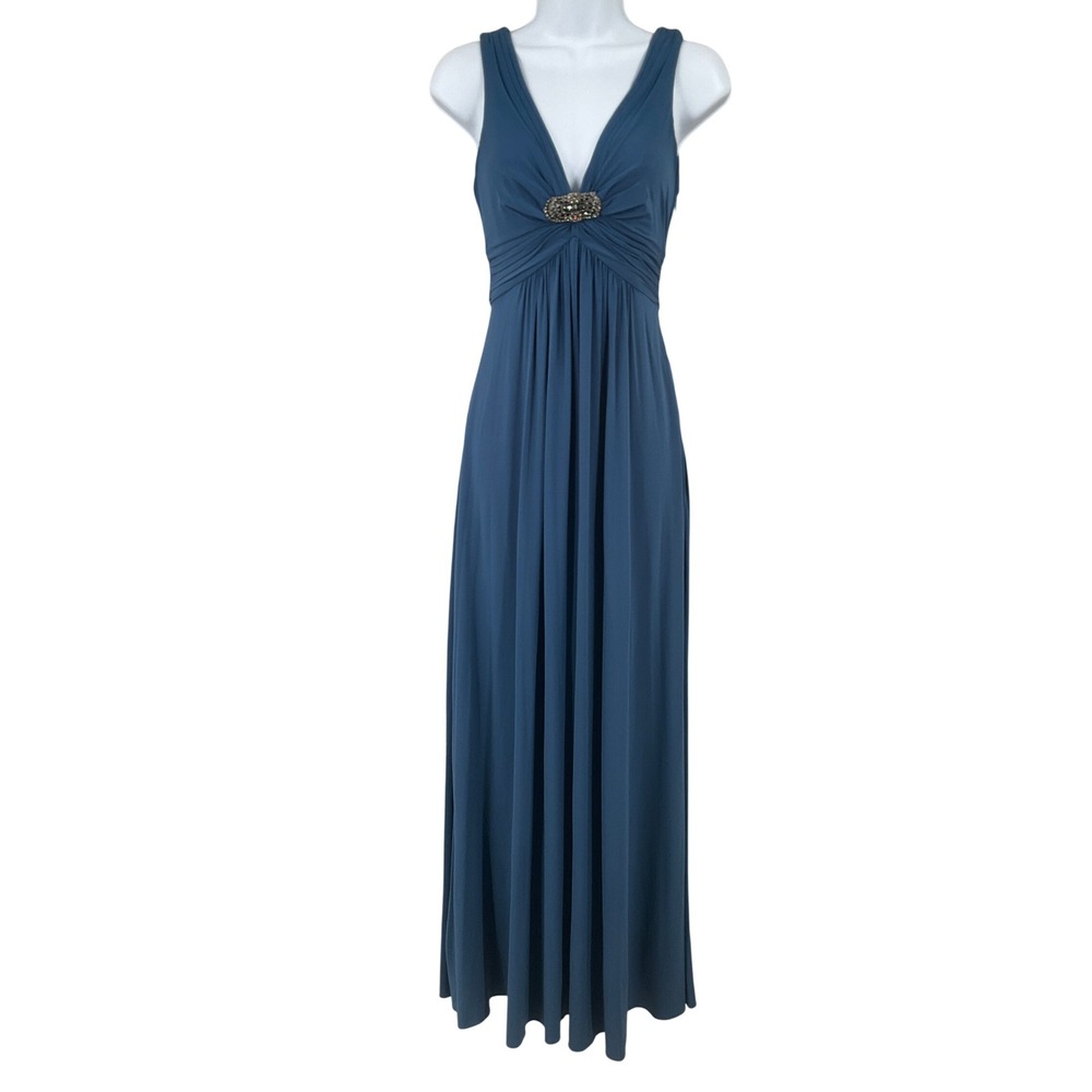 BCBGMAXAZRIA Maxi Dress Womens XS Blue Rhinestone Brooch Formal Gown Luxury